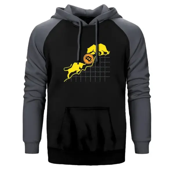 Bitcoin Cryptocurrency Bear and Bull Hoodie, Double Color Raglan Sleeve Grey Sweatshirt