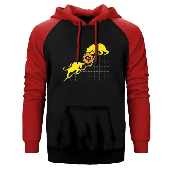 Bitcoin Cryptocurrency Bear and Bull Hoodie, Double Color Raglan Sleeve Red  Sweatshirt