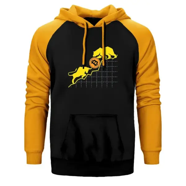 Bitcoin Cryptocurrency Bear and Bull Hoodie, Double Color Raglan Sleeve Yellow Sweatshirt