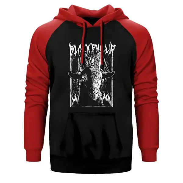 Black Metal Phillip Essential Hoodie, Double Color Raglan Sleeve Red Sweatshirt