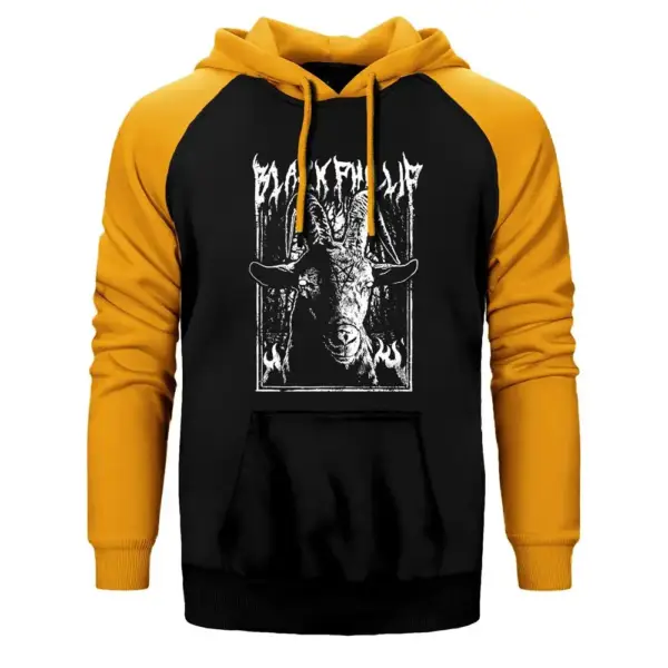 Black Metal Phillip Essential Hoodie, Double Color Raglan Sleeve Yellow Sweatshirt