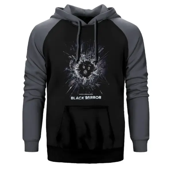 Black Mirror Cover Hoodie, Double Color Raglan Sleeve Grey Sweatshirt