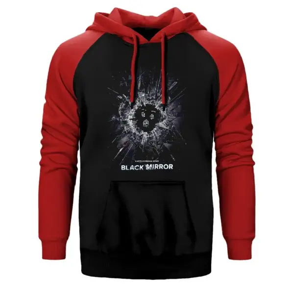 Black Mirror Cover Hoodie, Double Color Raglan Sleeve Red Sweatshirt