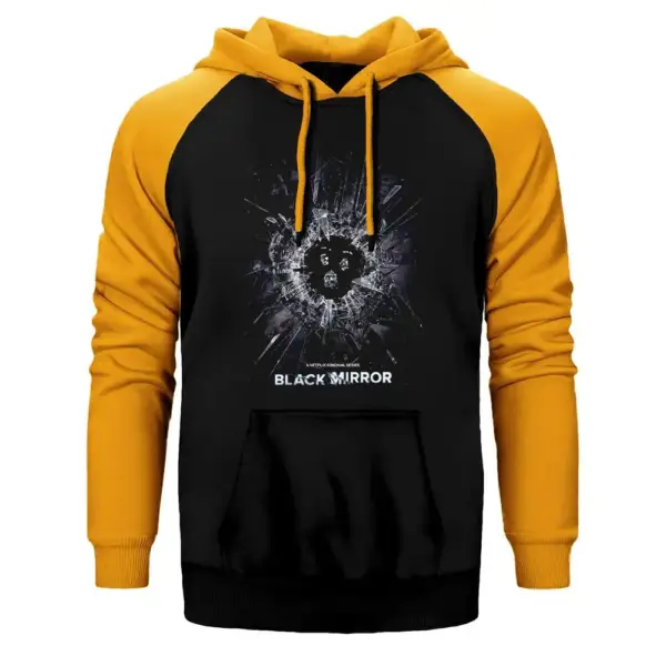 Black Mirror Cover Hoodie, Double Color Raglan Sleeve Yellow Sweatshirt