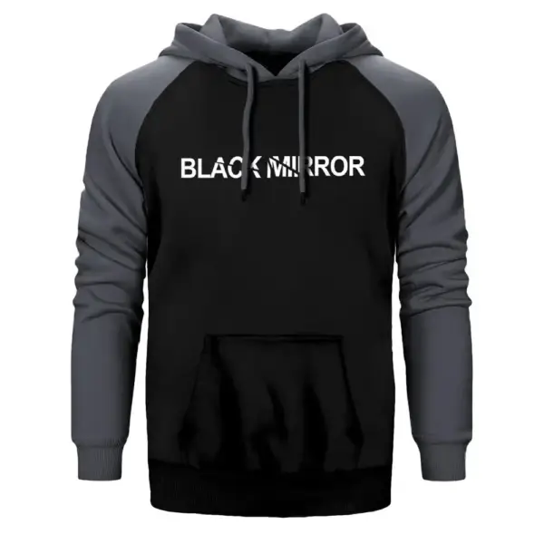 Black Mirror Logo Hoodie, Double Color Raglan Sleeve Grey Sweatshirt