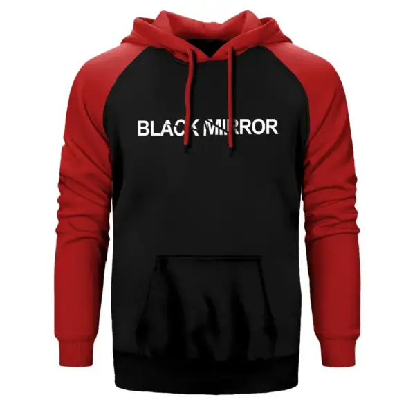 Black Mirror Logo Hoodie, Double Color Raglan Sleeve Red Sweatshirt