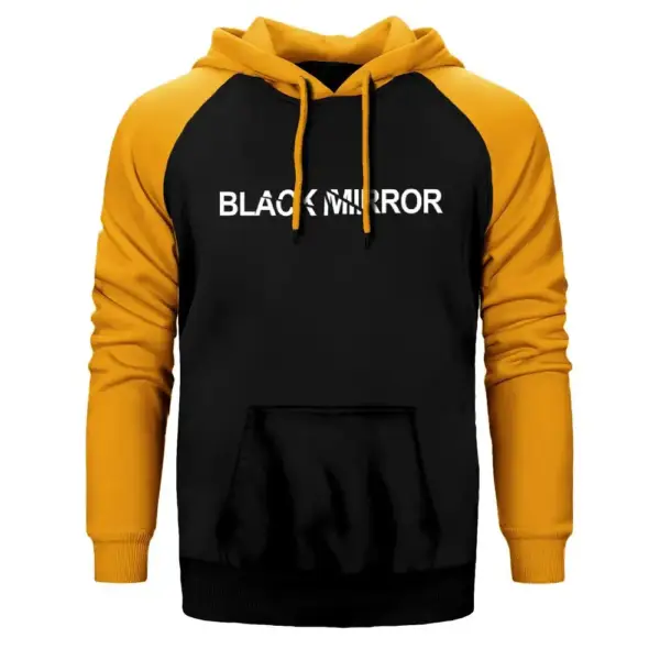 Black Mirror Logo Hoodie, Double Color Raglan Sleeve Yellow Sweatshirt