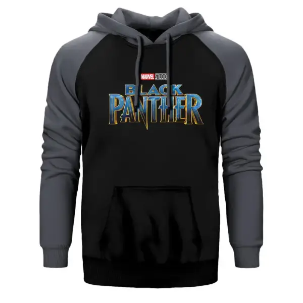 Black Panther Original Logo Hoodie, Double Color Raglan Sleeve Grey Sweatshirt