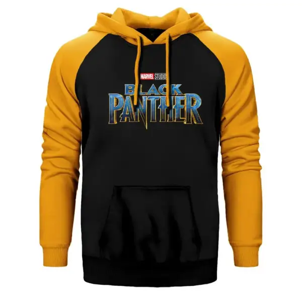 Black Panther Original Logo Hoodie, Double Color Raglan Sleeve Yellow Sweatshirt