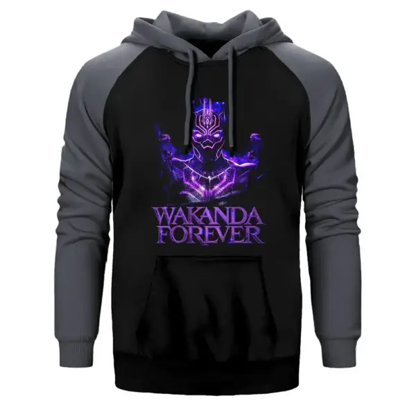 Black Panther Wakanda Forever Hoodie, Double Color Raglan Sleeve Grey Sweatshirt