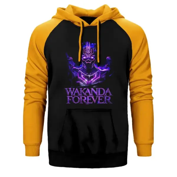 Black Panther Wakanda Forever Hoodie, Double Color Raglan Sleeve Yellow Sweatshirt