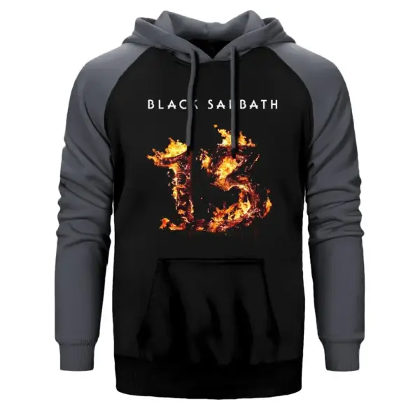 Black Sabbath 13 Hoodie, Double Color Raglan Sleeve Grey Sweatshirt
