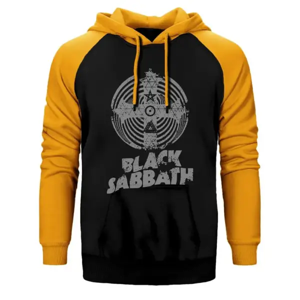 Black Sabbath Band Cross Paranoid Hoodie, Double Color Raglan Sleeve Yellow Sweatshirt