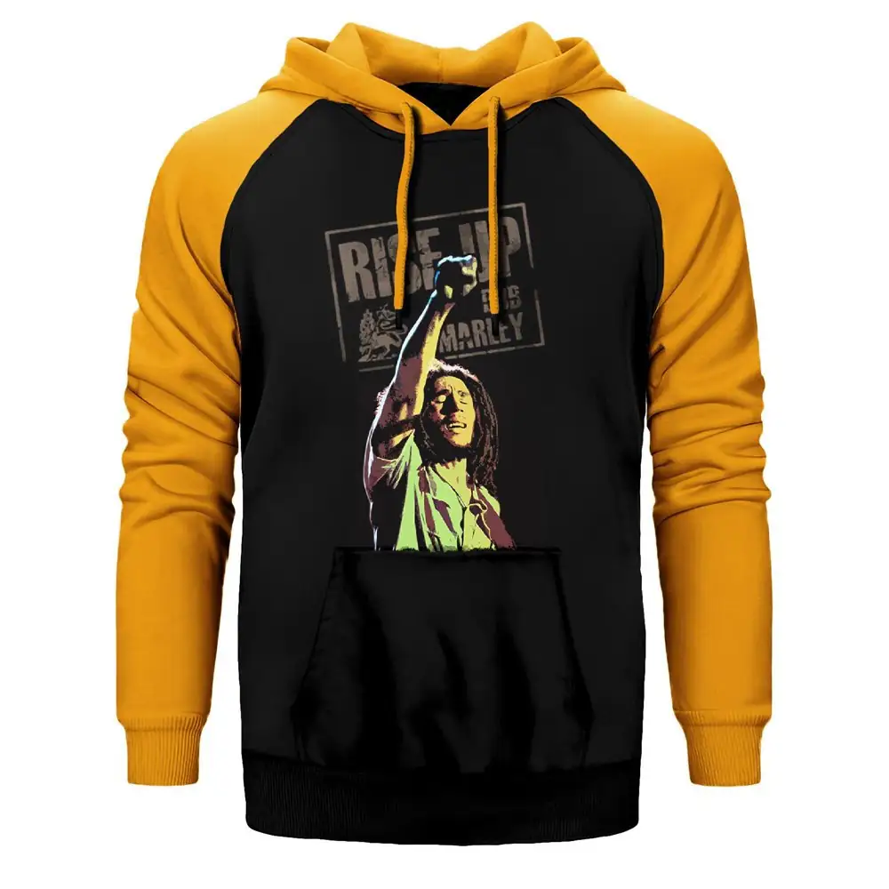 Bob Marley Rise Up Hoodie, Double Color Raglan Sleeve Yellow Sweatshirt