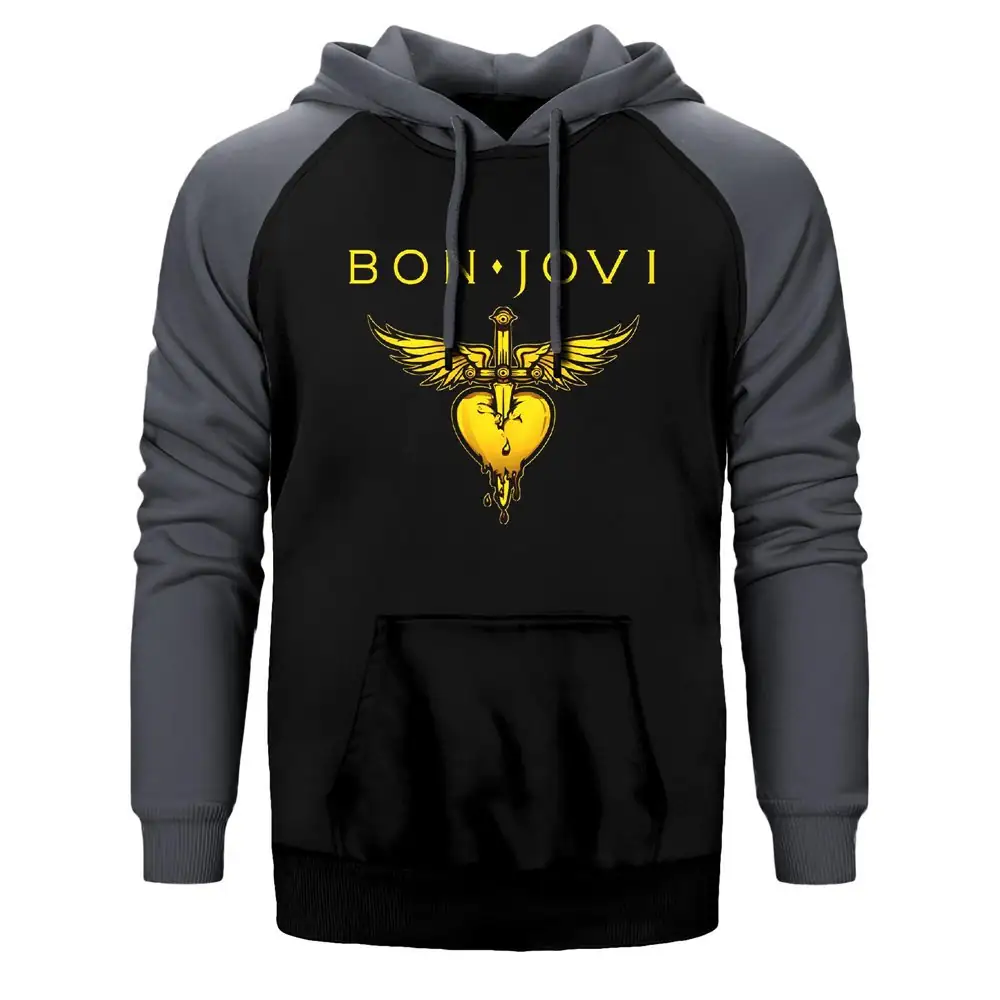 Bon Jovi Gold Hearth Hoodie, Double Color Raglan Sleeve Grey Sweatshirt