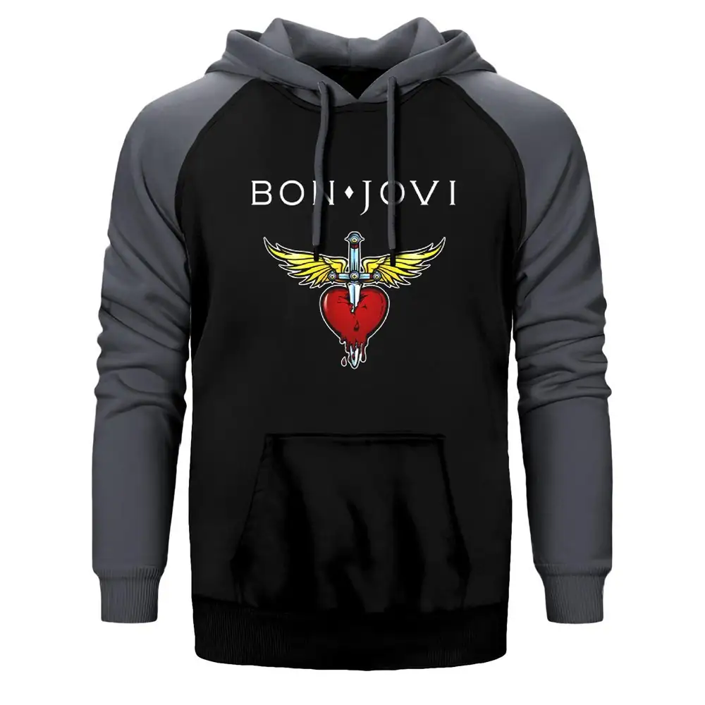 Bon Jovi Hearth Hoodie, Double Color Raglan Sleeve Grey Sweatshirt