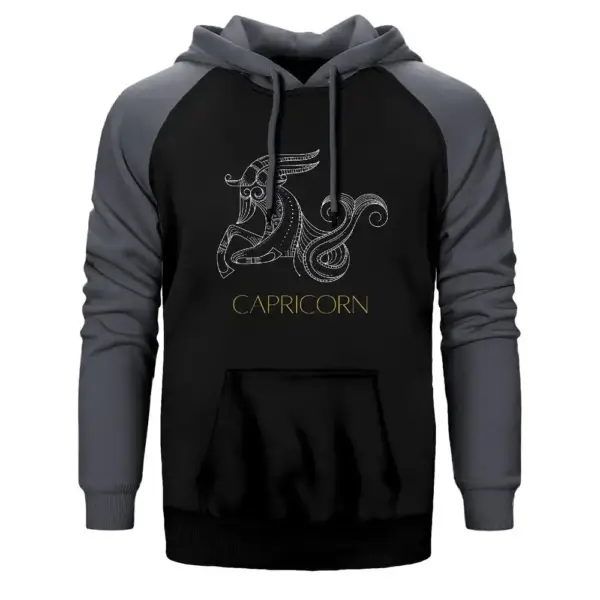 Capricorn Retro Hoodie, Double Color Raglan Sleeve Gray Sweatshirt