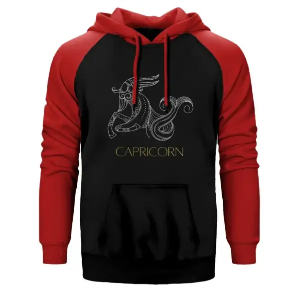 Capricorn Retro Hoodie, Double Color Raglan Sleeve Red Sweatshirt