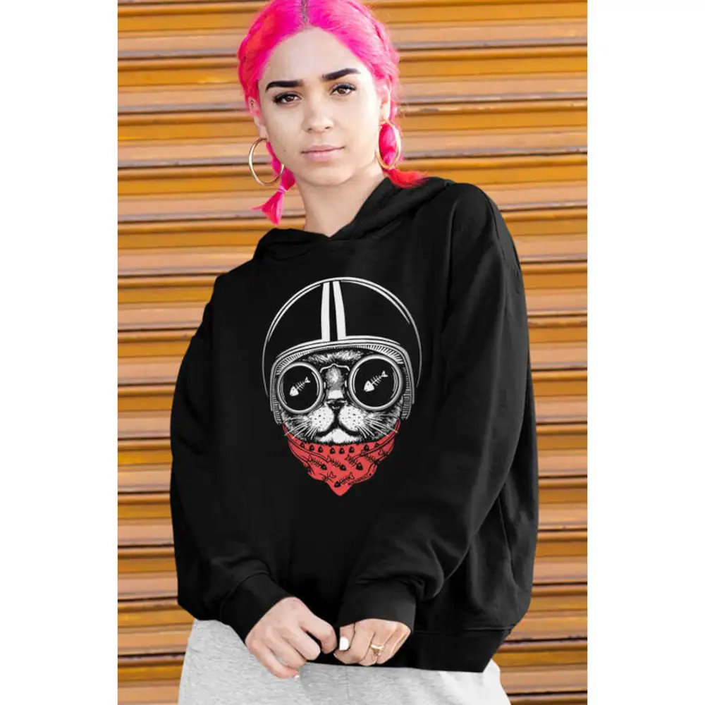 Cat With Helmet Hooded Thick Oversize Women's Black Sweatshirt