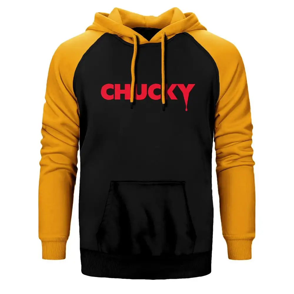 Chucky Logo Hoodie, Double Color Raglan Sleeve Yellow Sweatshirt