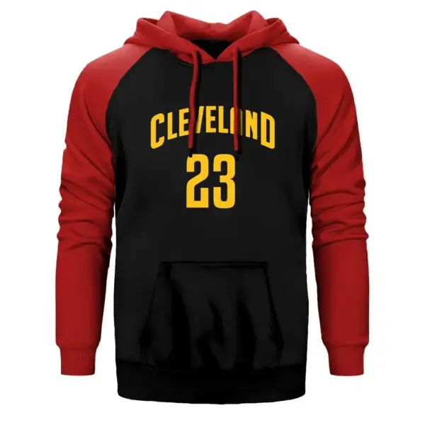 Cleveland 23 Hoodie, Double Color Raglan Sleeve Red Sweatshirt