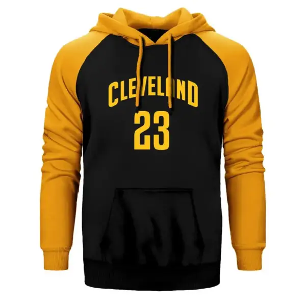 Cleveland 23 Hoodie, Double Color Raglan Sleeve Yellow Sweatshirt