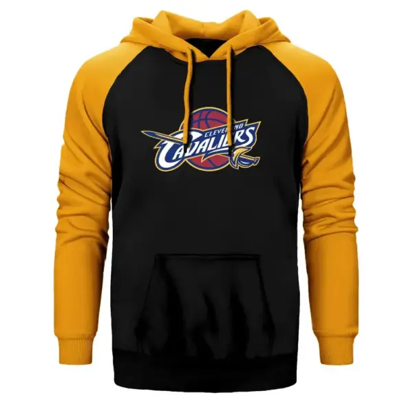 Cleveland Cavaliers Logo Hoodie, Double Color Raglan Sleeve Yellow   Sweatshirt