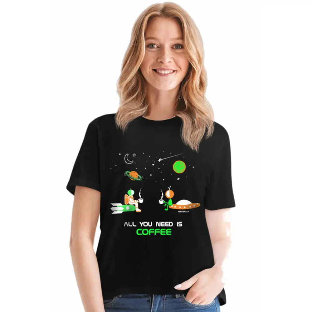 Coffee in Space Short Sleeve Women's Black T-shirt