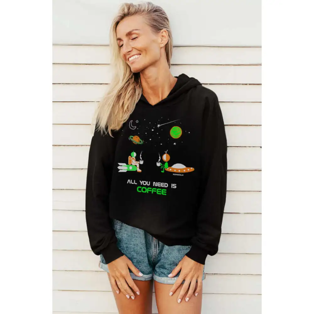 Coffee in Space Women's Hodie Thick Black Sweatshirt