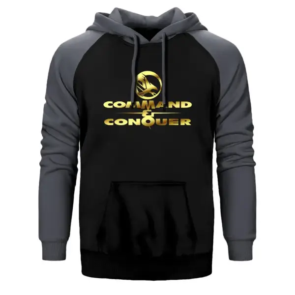 Command and Conquer Hoodie, Double Color Raglan Sleeve Grey Sweatshirt