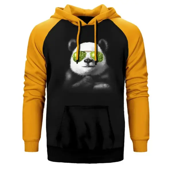 Cool Panda Hoodie, Double Color Raglan Sleeve Yellow Sweatshirt
