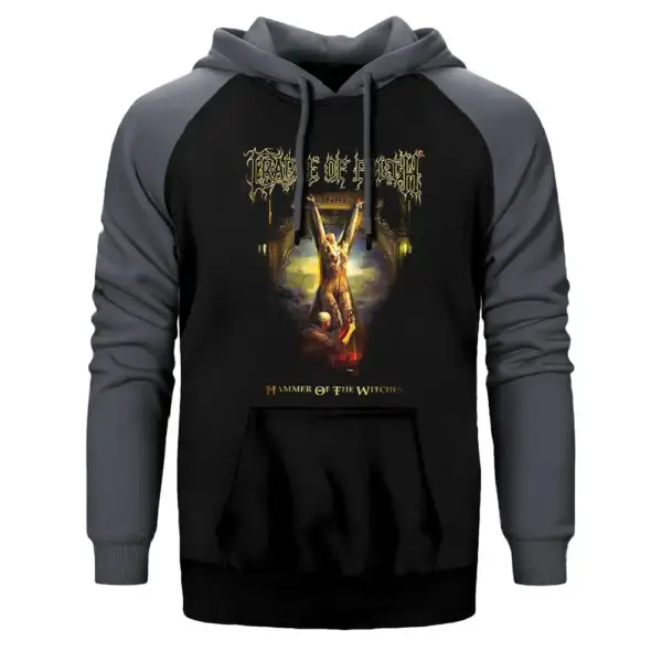 Cradle of Filth Hammer of the Witches Hoodie, Double Color Raglan Sleeve Grey Sweatshirt