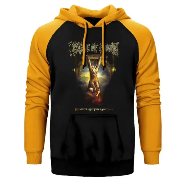 Cradle of Filth Hammer of the Witches Hoodie, Double Color Raglan Sleeve Yellow Sweatshirt