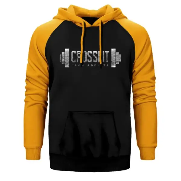 Crossfit Iron Hoodie, Double Color Raglan Sleeve Yellow  Sweatshirt