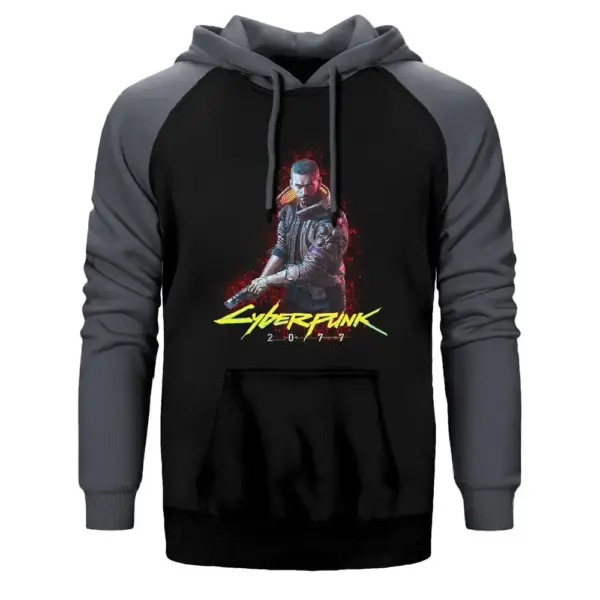 Cyberpunk 2077 Cyberman Hoodie, Double Color Raglan Sleeve Grey Sweatshirt