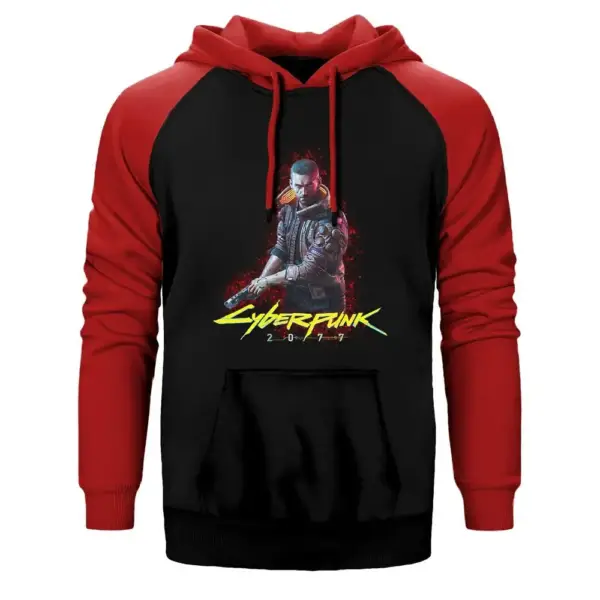 Cyberpunk 2077 Cyberman Hoodie, Double Color Raglan Sleeve Red Sweatshirt