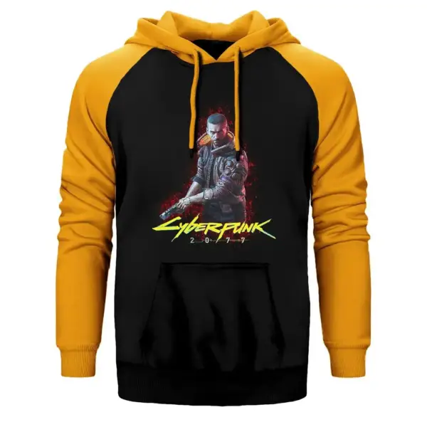 Cyberpunk 2077 Cyberman Hoodie, Double Color Raglan Sleeve Yellow Sweatshirt