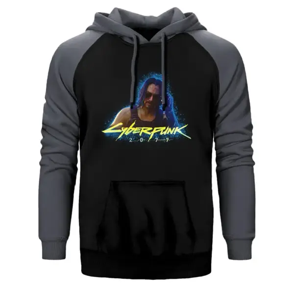 Cyberpunk 2077 Keanu Reeves Hoodie, Double Color Raglan Sleeve Grey Sweatshirt