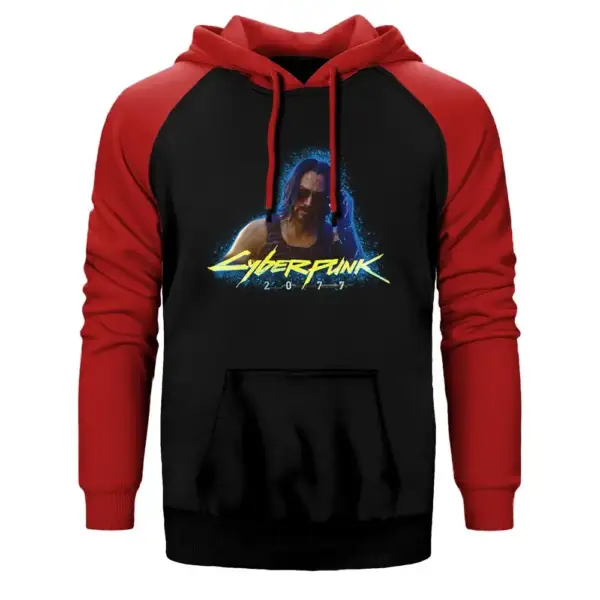 Cyberpunk 2077 Keanu Reeves Hoodie, Double Color Raglan Sleeve Red Sweatshirt