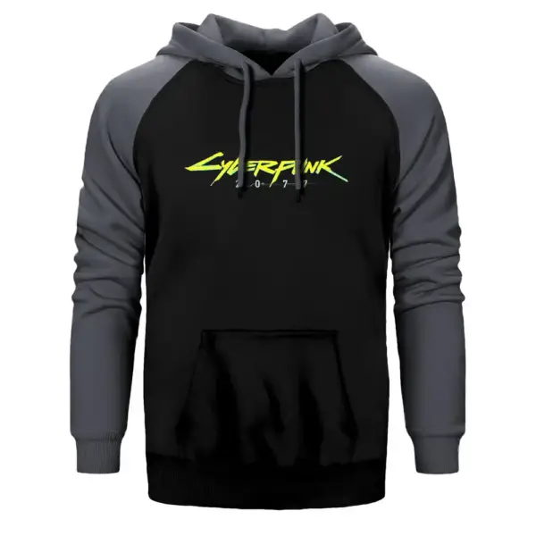 Cyberpunk 2077 Logo Hoodie, Double Color Raglan Sleeve Grey Sweatshirt
