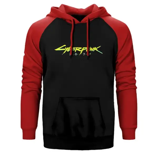 Cyberpunk 2077 Logo Hoodie, Double Color Raglan Sleeve Red Sweatshirt