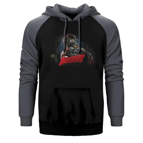 Daredevil Grunge Hoodie, Double Color Raglan Sleeve Grey Sweatshirt