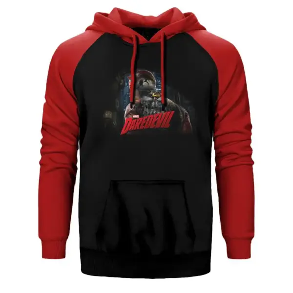 Daredevil Grunge Hoodie, Double Color Raglan Sleeve Red Sweatshirt