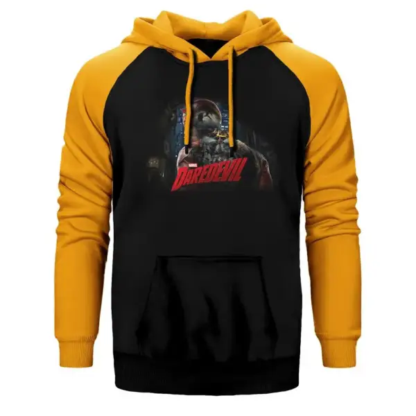 Daredevil Grunge Hoodie, Double Color Raglan Sleeve Yellow Sweatshirt