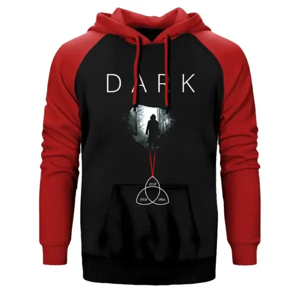 Dark Human Silhouette Hoodie, Double Color Raglan Sleeve Red Sweatshirt