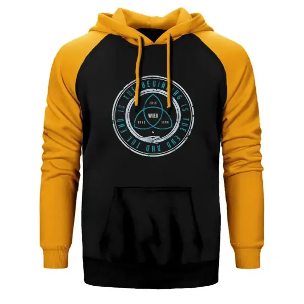 Dark The Beginning Hoodie, Double Color Raglan Sleeve Yellow Sweatshirt