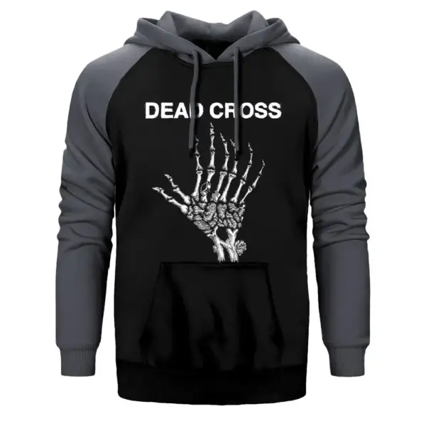 Dead Cross Hoodie, Double Color Raglan Sleeve Gray Sweatshirt