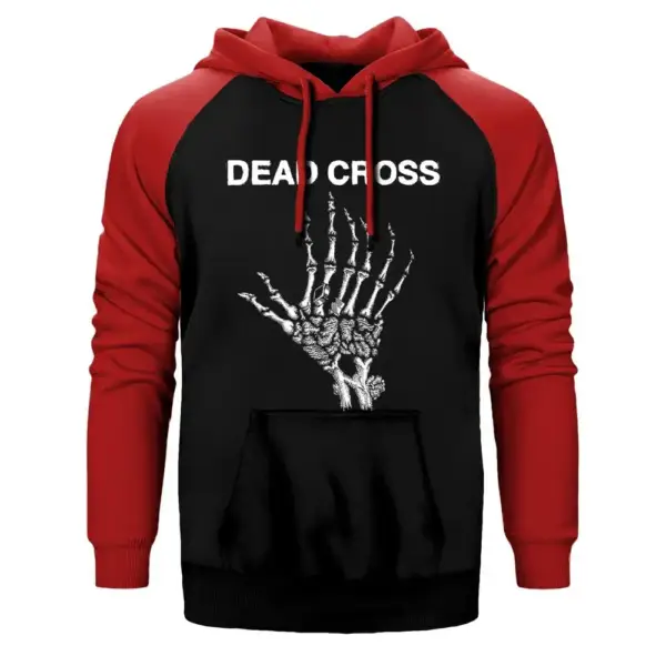 Dead Cross Hoodie, Double Color Raglan Sleeve Red Sweatshirt