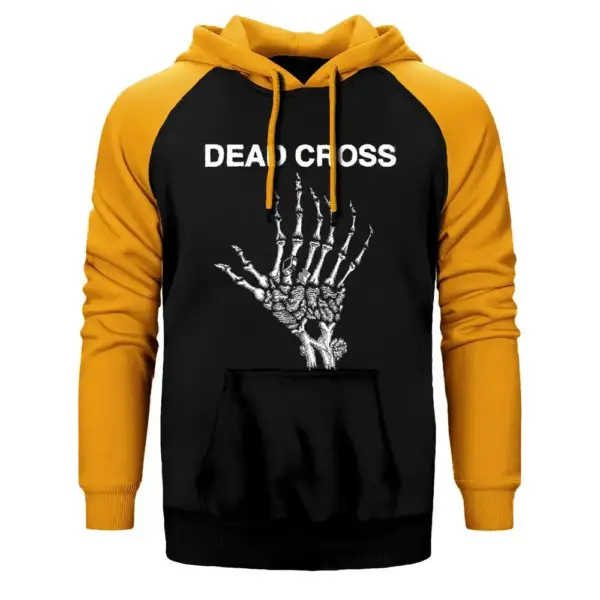 Dead Cross Hoodie, Double Color Raglan Sleeve Yellow Sweatshirt