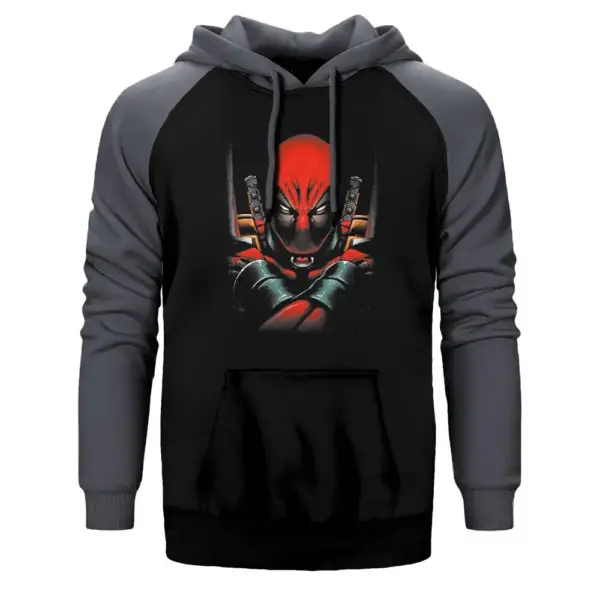 Deadpool Angry Hoodie, Double Color Raglan Sleeve Gray Sweatshirt